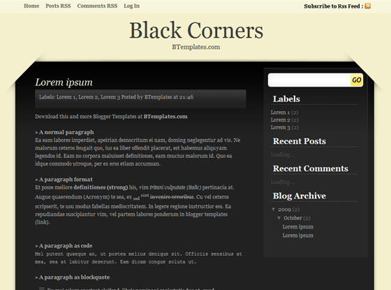 black corners blogger template